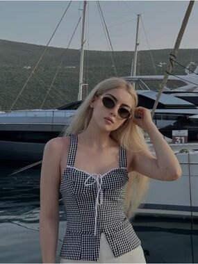 Black & White Gingham Tie-Front Bustier Top